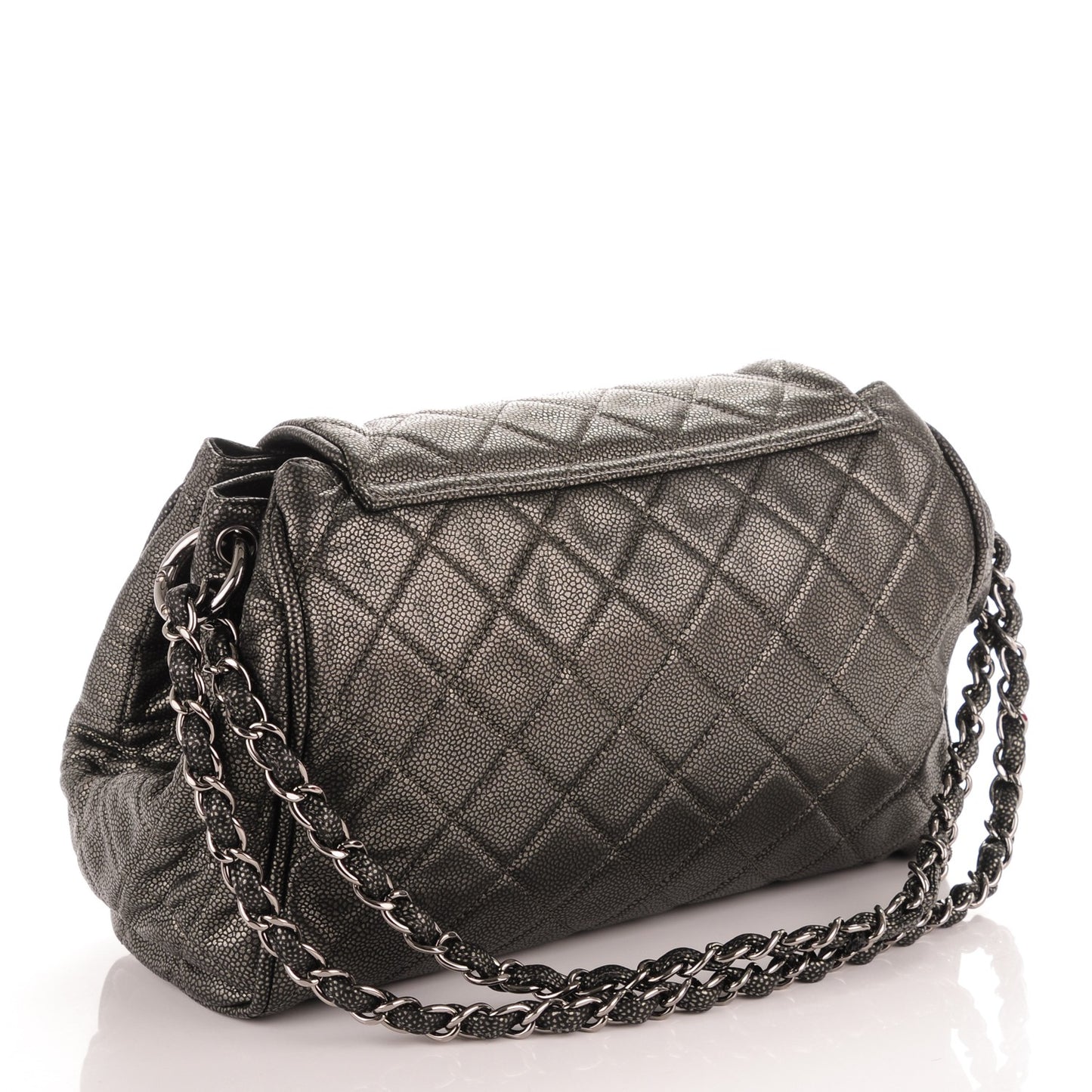 Metallic Caviar Quilted Timeless Accordion Flap Dark Silver