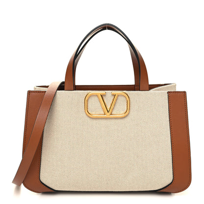 Valentino Garavani Canvas Calfskin Small Vlogo Signature Handbag Beige Selleria 1 of 10