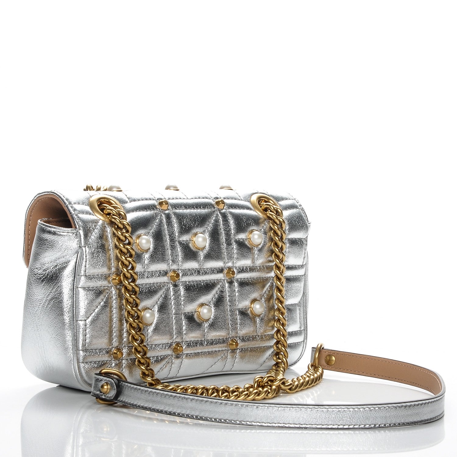Gucci Metallic Calfskin Matelasse Studded Mini Pearly GG Marmont Shoulder Bag Silver 3 of 7