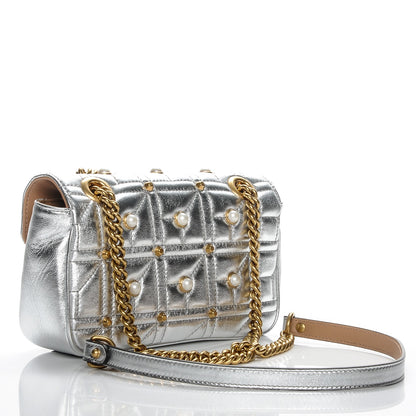 Gucci Metallic Calfskin Matelasse Studded Mini Pearly GG Marmont Shoulder Bag Silver 3 of 7
