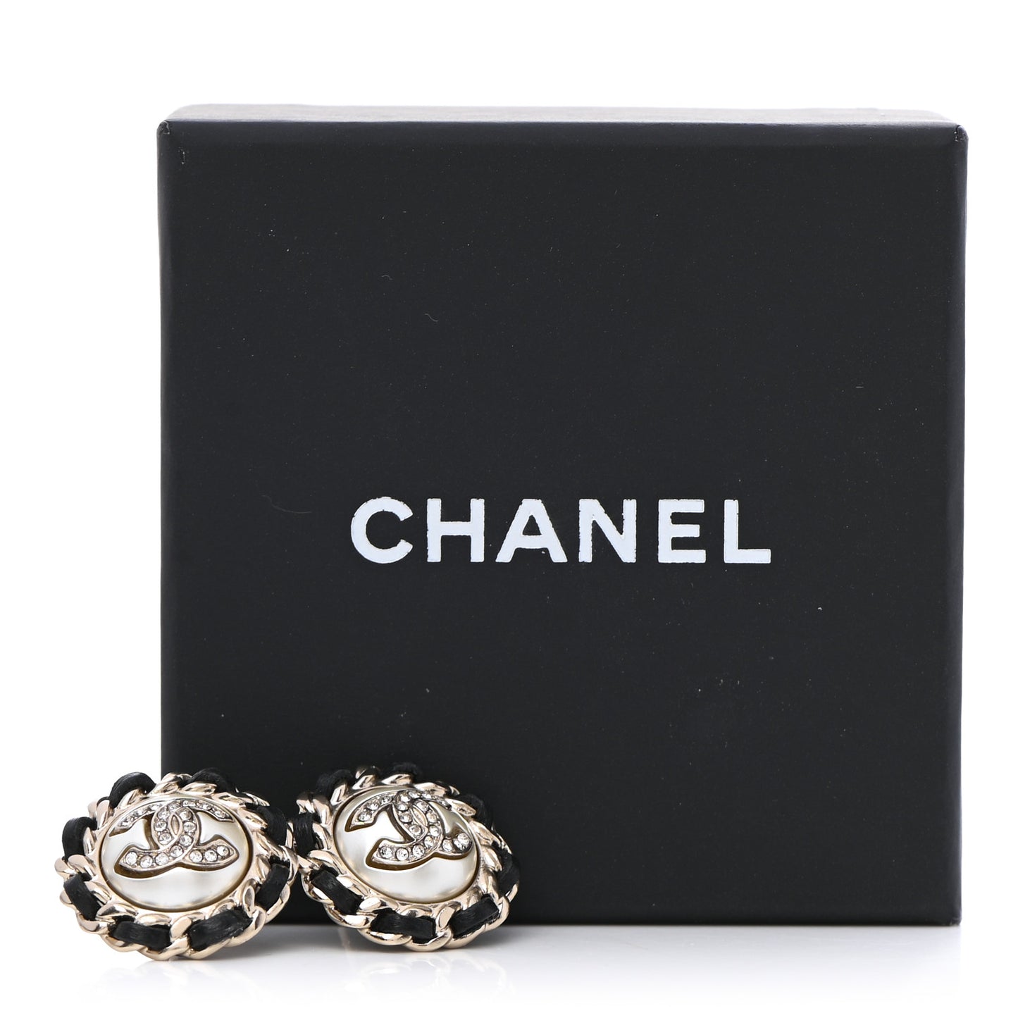Pearl Crystal Lambskin CC Earrings Gold Black