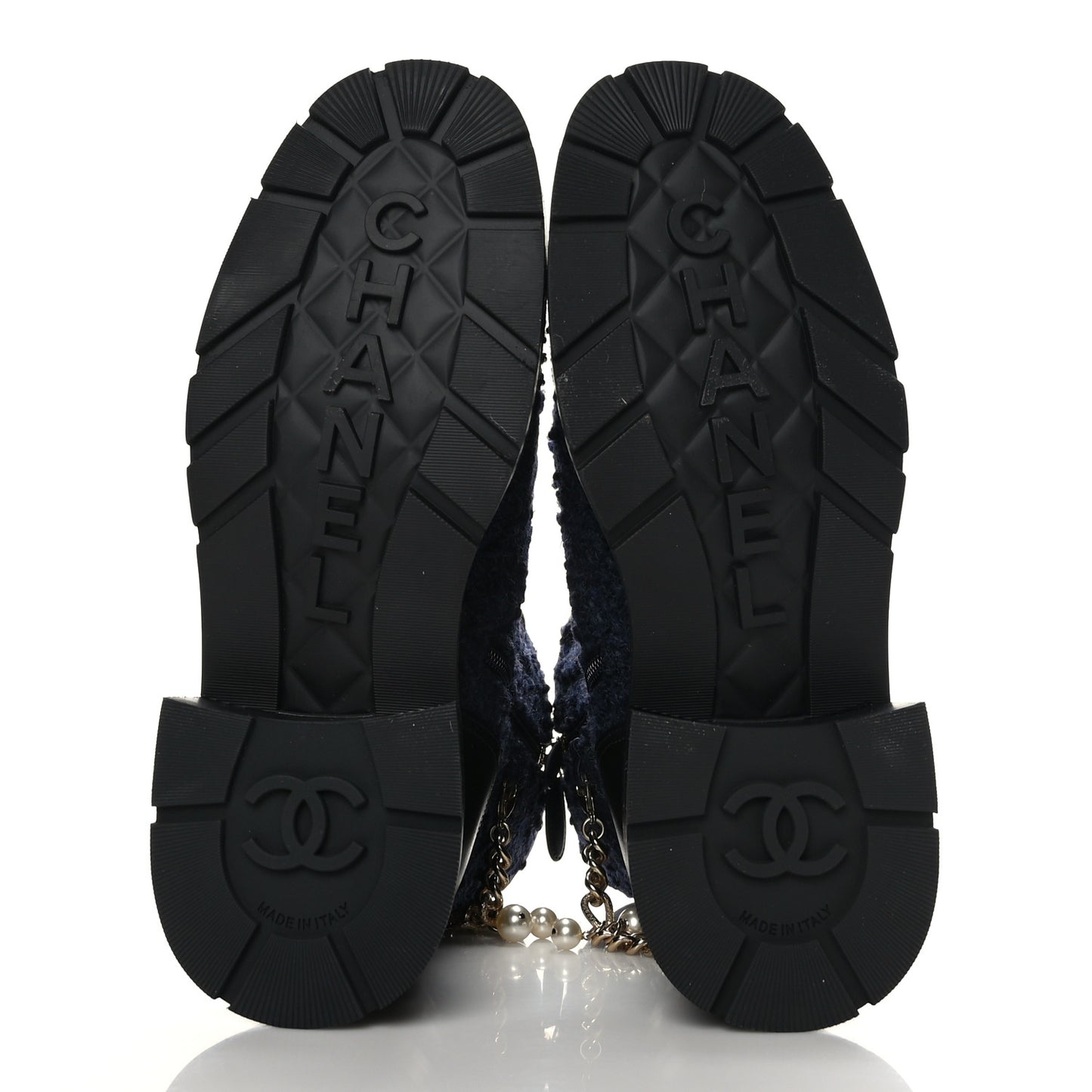 Tweed Calfskin Chain Lace Up Combat Boots 39 Navy Black