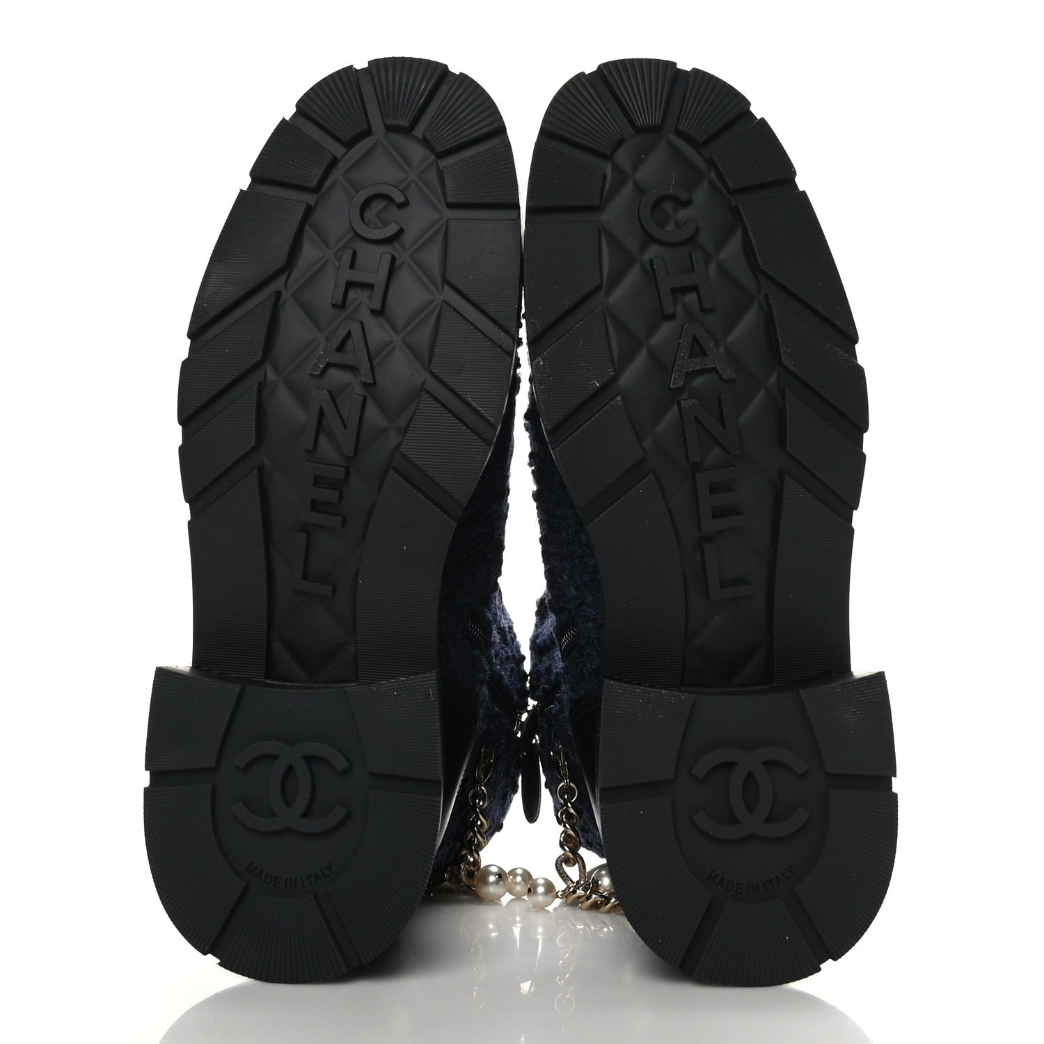 Chanel Tweed Calfskin Chain Lace Up Combat Boots 39 Navy Black 5 of 8