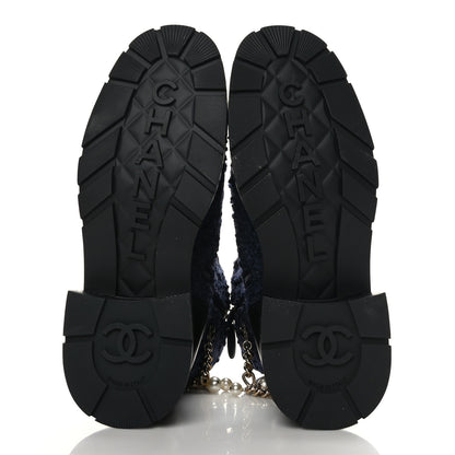 Chanel Tweed Calfskin Chain Lace Up Combat Boots 39 Navy Black 5 of 8