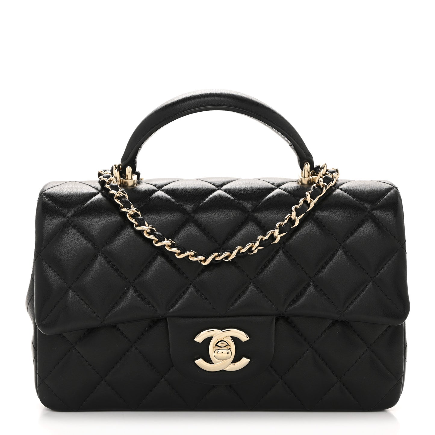 Lambskin Quilted Mini Top Handle Rectangular Flap Black