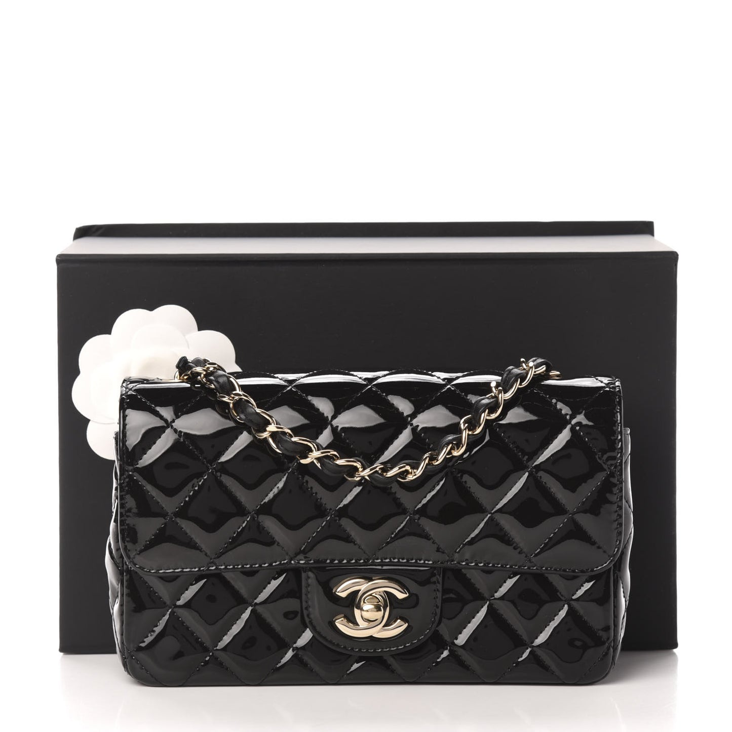 Patent Calfskin Quilted Mini Rectangular Flap Black