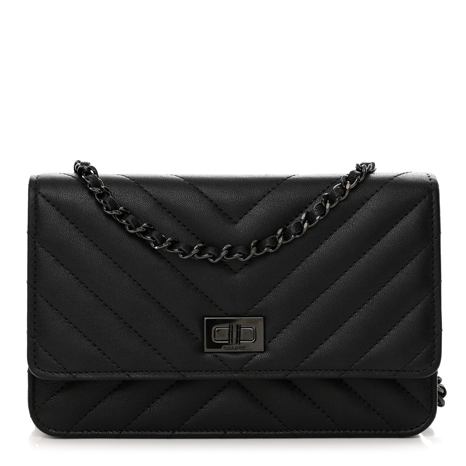 Chanel Sheepskin Chevron Reissue Wallet On Chain WOC So Black 1 of 13