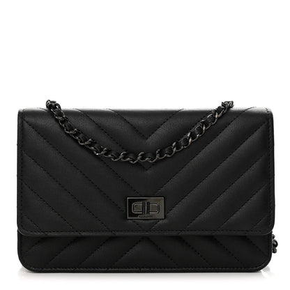 Chanel Sheepskin Chevron Reissue Wallet On Chain WOC So Black 1 of 13