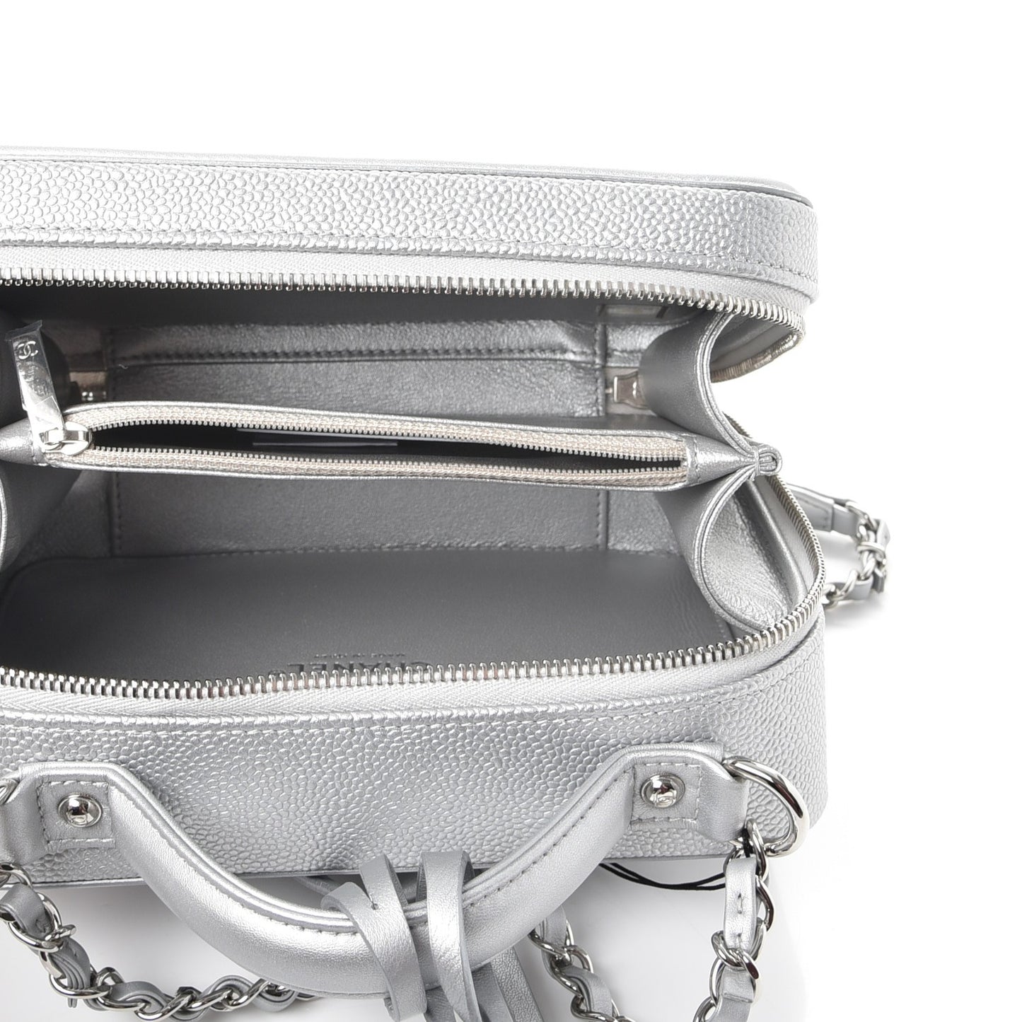 Metallic Caviar Quilted Medium CC Filigree Vanity Case Silver