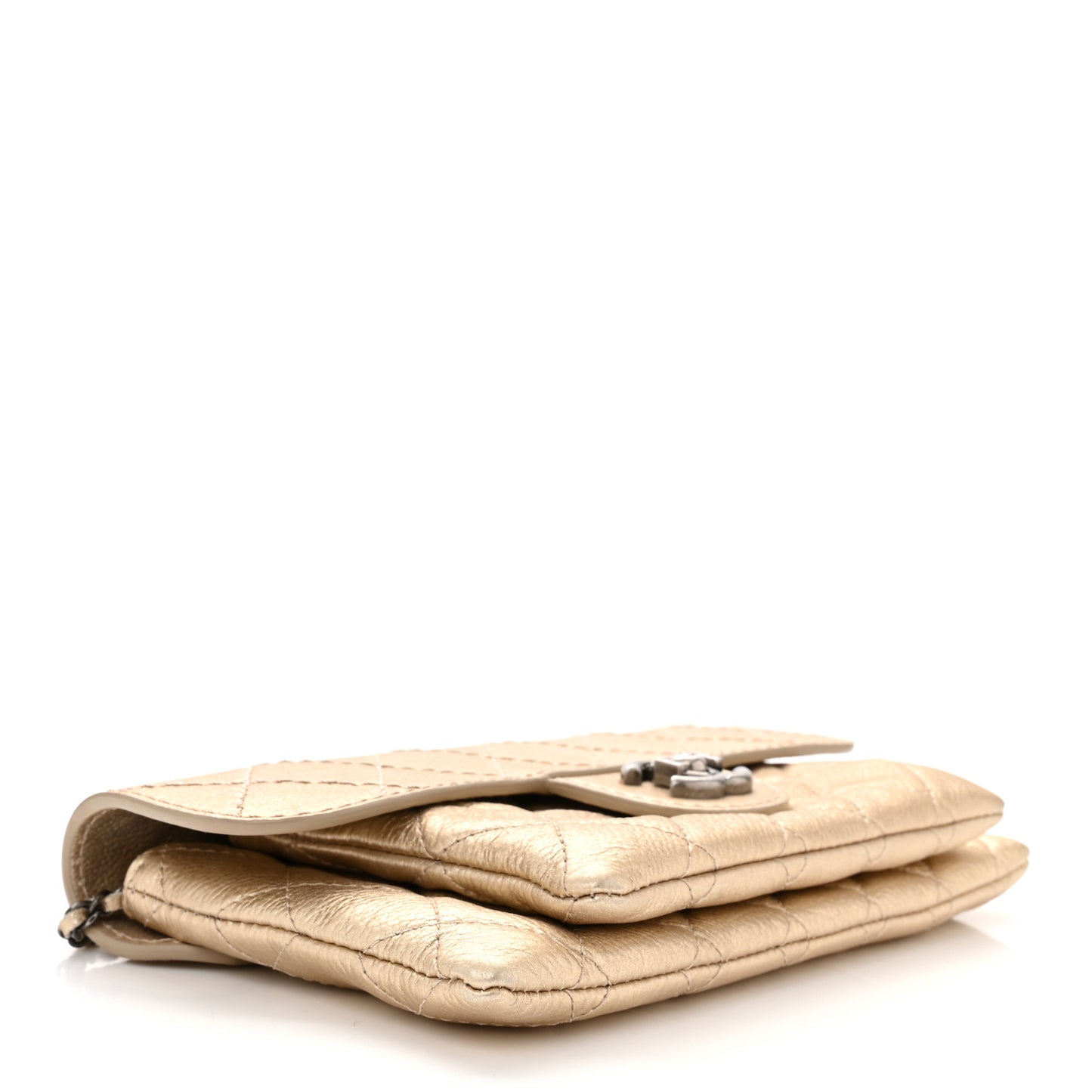 Metallic Calfskin Quilted Flap Clutch With Chain Light Gold