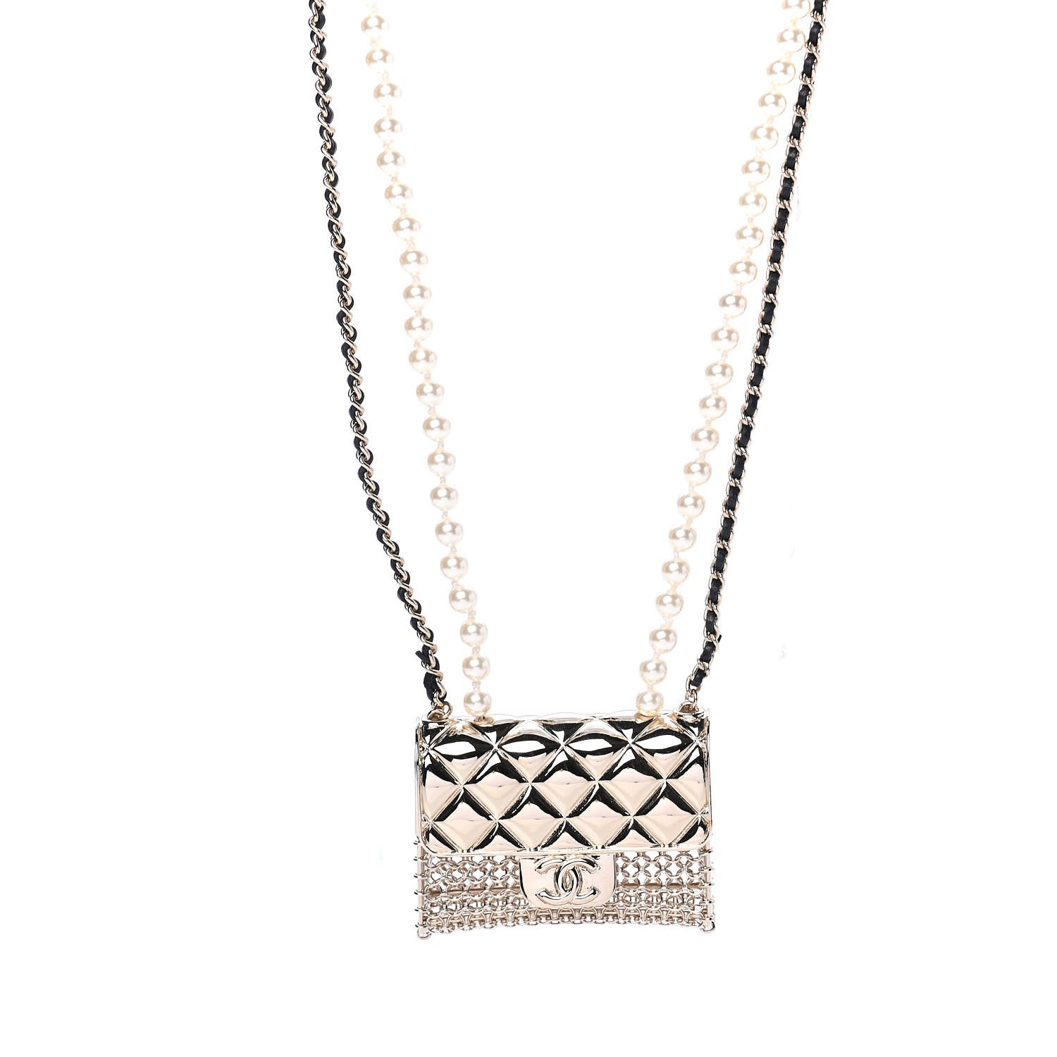Chanel Metal Lambskin Pearl Chain Flap Bag Long Necklace Gold Black Pearly White 1 of 4