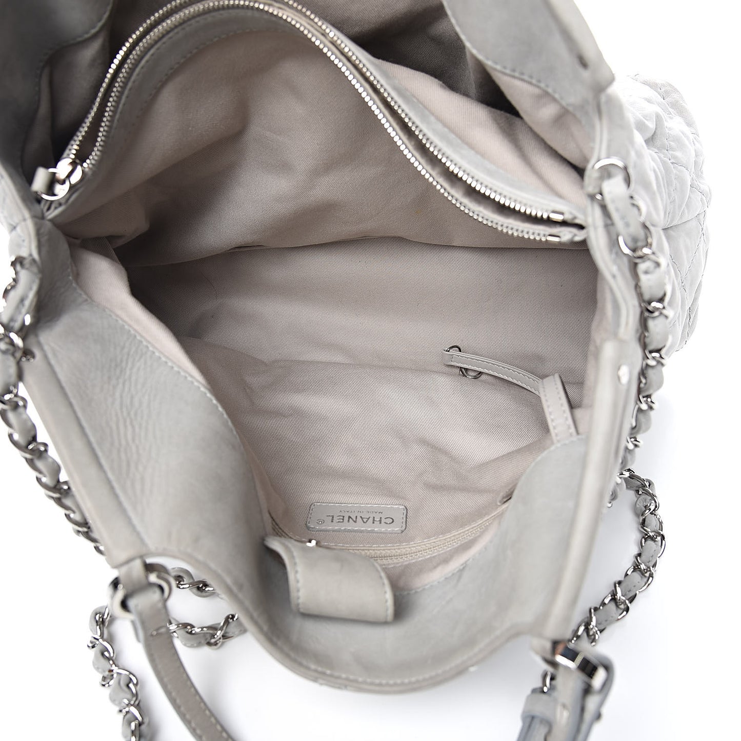 Iridescent Calfskin Diamond Stitched CC Shopping Tote Gris Clair
