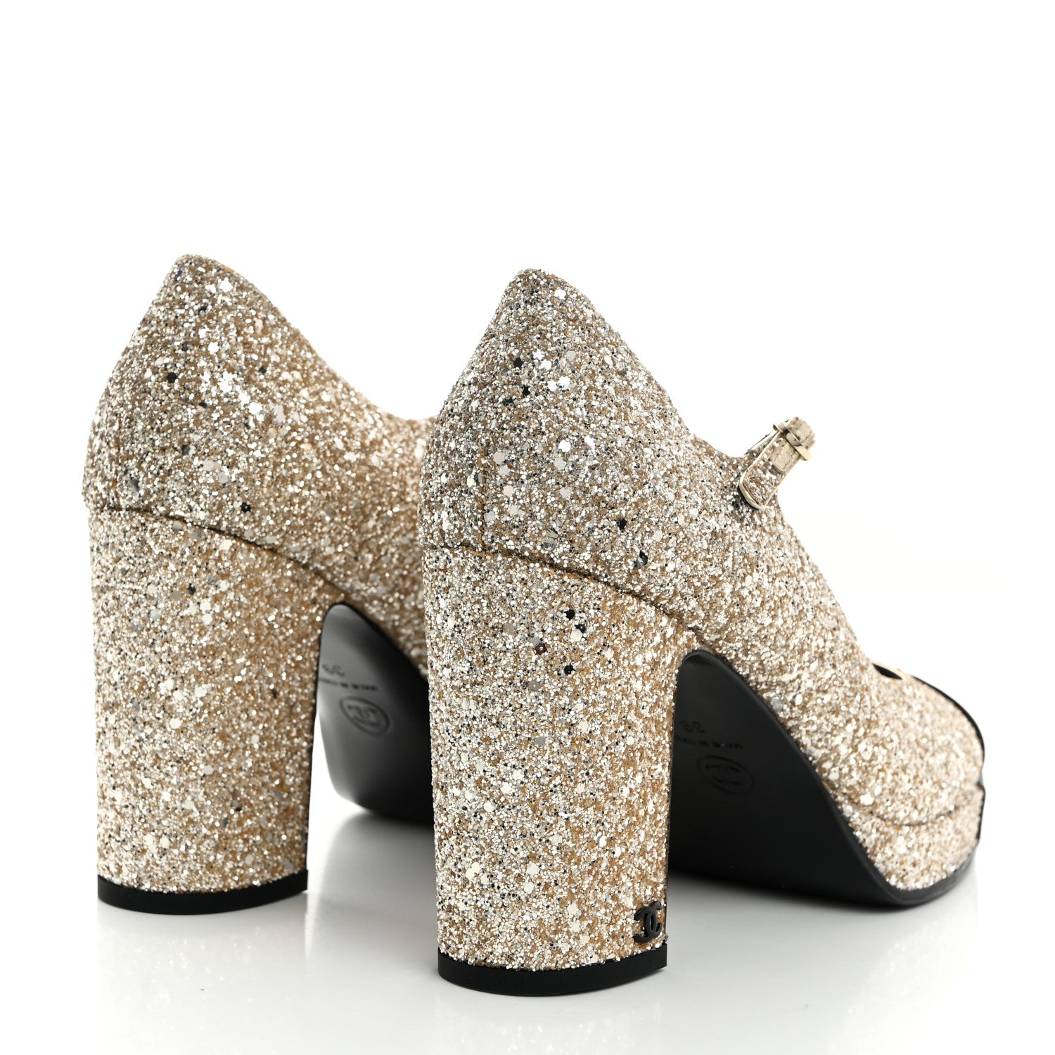 Chanel Glitter Lambskin Cap Toe CC Mary Jane Pumps 39 Light Gold Black 4 of 9