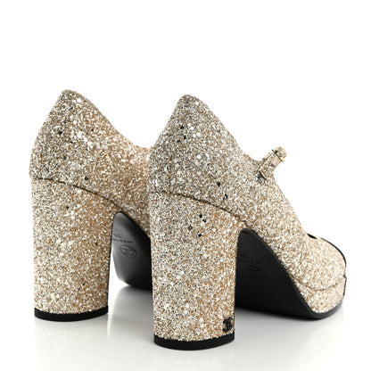 Chanel Glitter Lambskin Cap Toe CC Mary Jane Pumps 39 Light Gold Black 4 of 9