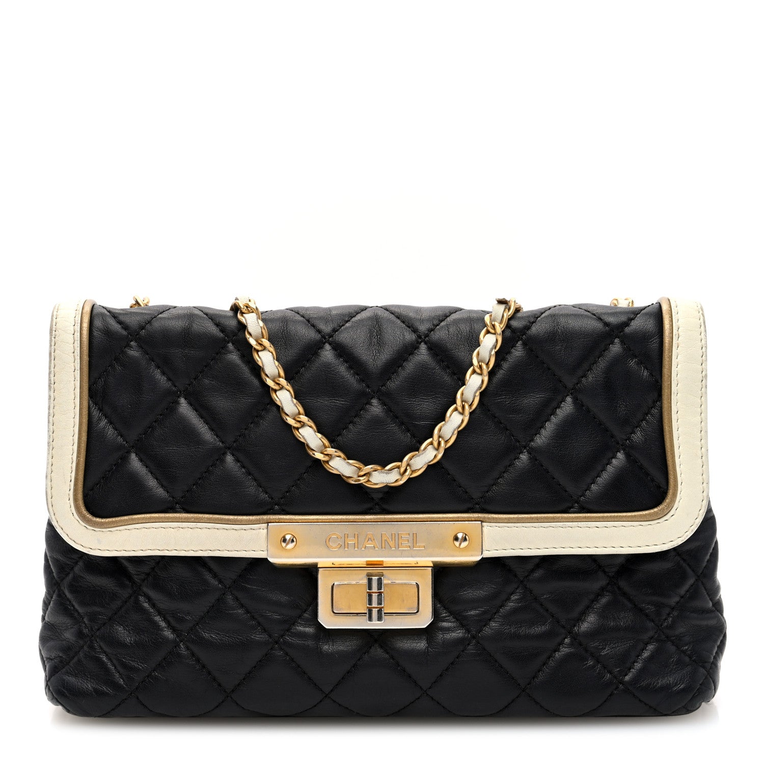 Chanel Lambskin Quilted Mademoiselle East West Flap Black White 1 of 10
