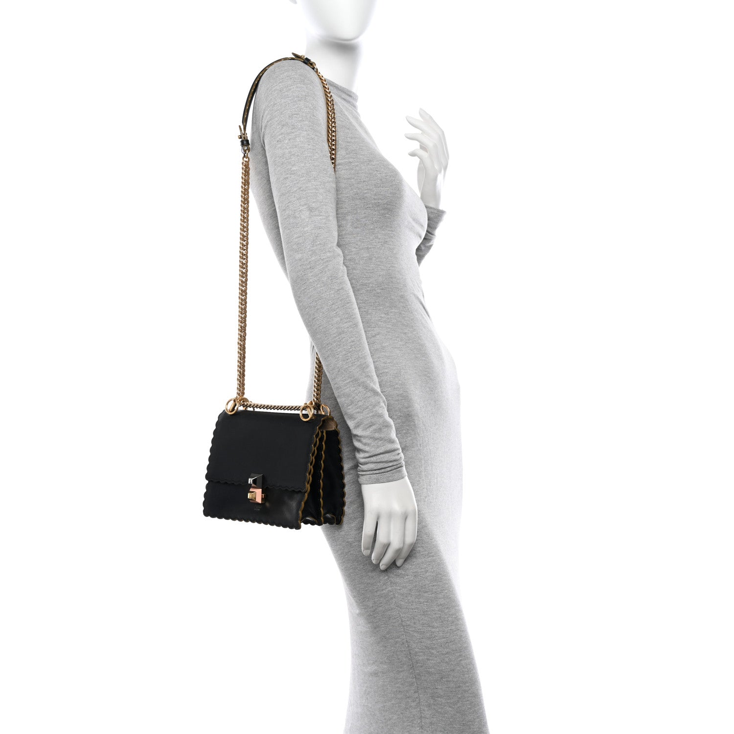 Fendi Vitello Liberty Scalloped Studded Small Kan I Shoulder Bag Black 3 of 13