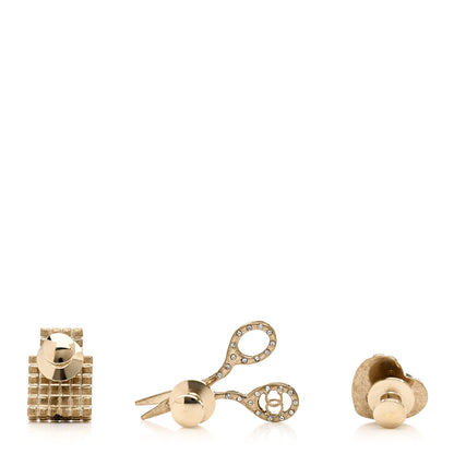 Chanel Metal Strass Crystal Quilted CC Heart Scissors Perfume Brooch Set Gold 3 of 6