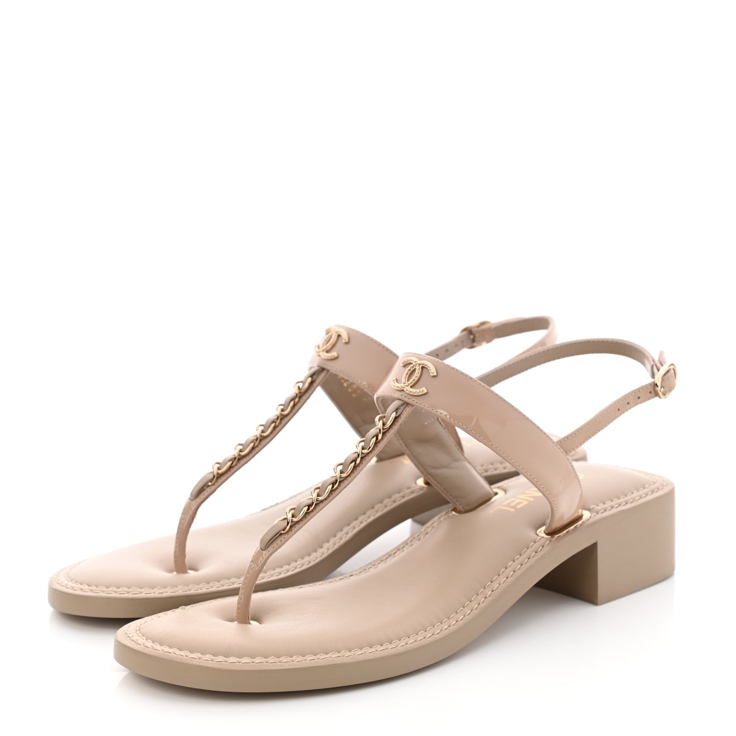 Lambskin Patent Chain CC Logo Thong Sandals 41.5 Beige