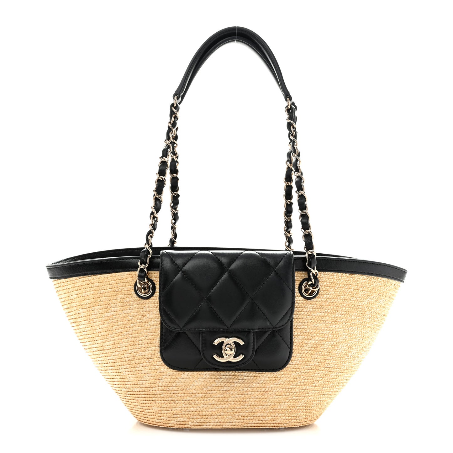 Raffia Braided Lambskin Small Shopping Tote Beige Black