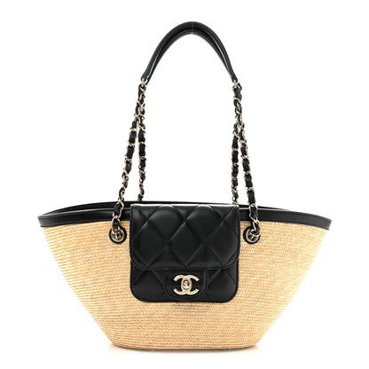 Chanel Raffia Braided Lambskin Small Shopping Tote Beige Black 1 of 12