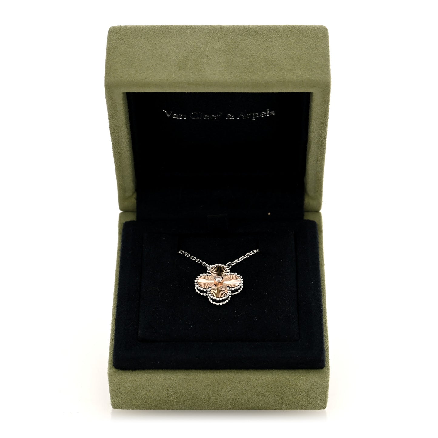 18K White Rose Gold Diamond Guilloche Vintage Alhambra Pendant Necklace