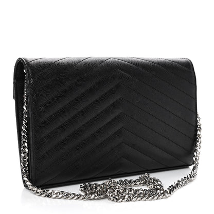 Saint Laurent Grain De Poudre Matelasse Chevron Monogram Chain Wallet Black 2 of 4
