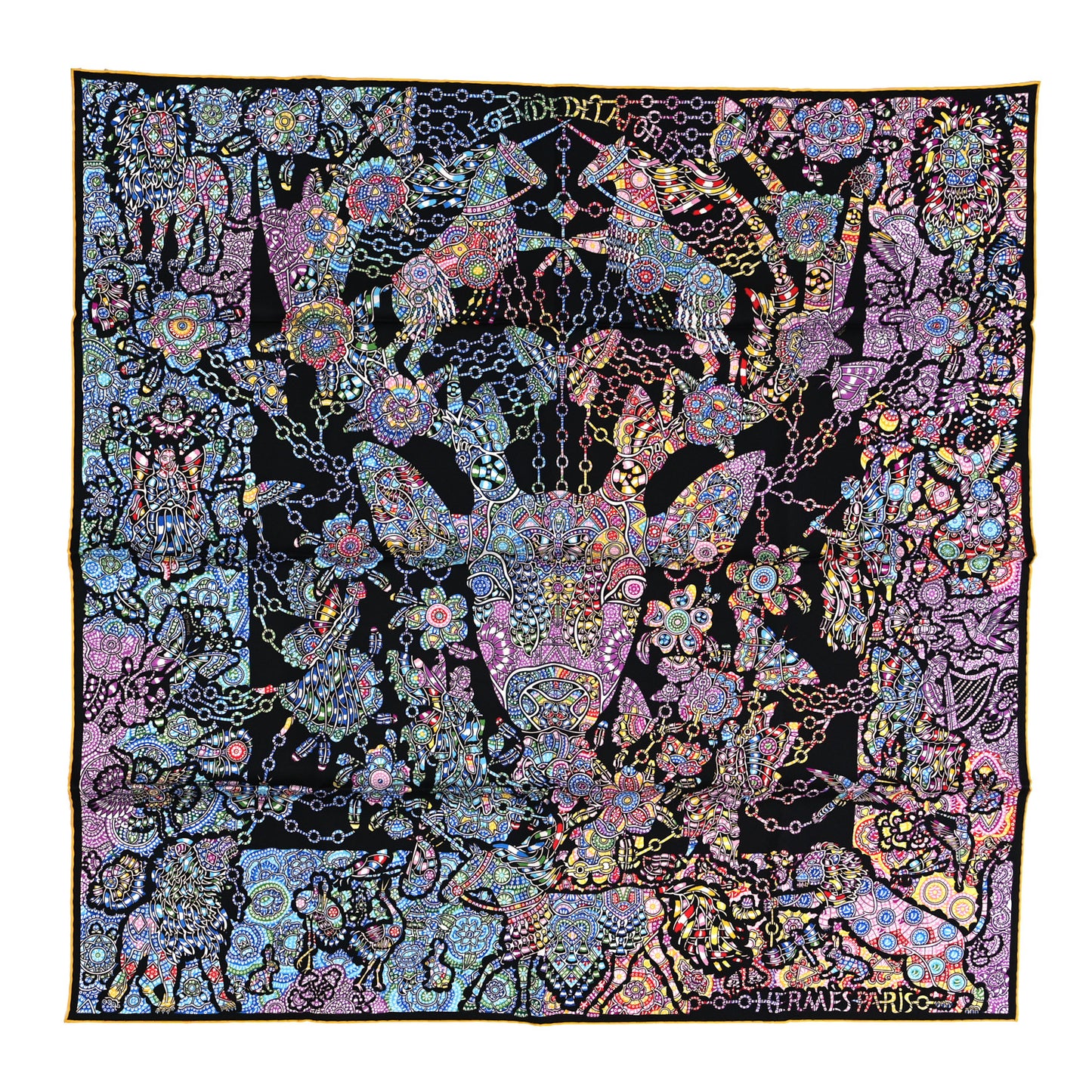 Silk La Legende de La Foret Scarf 90 Black Mauve Multicolor