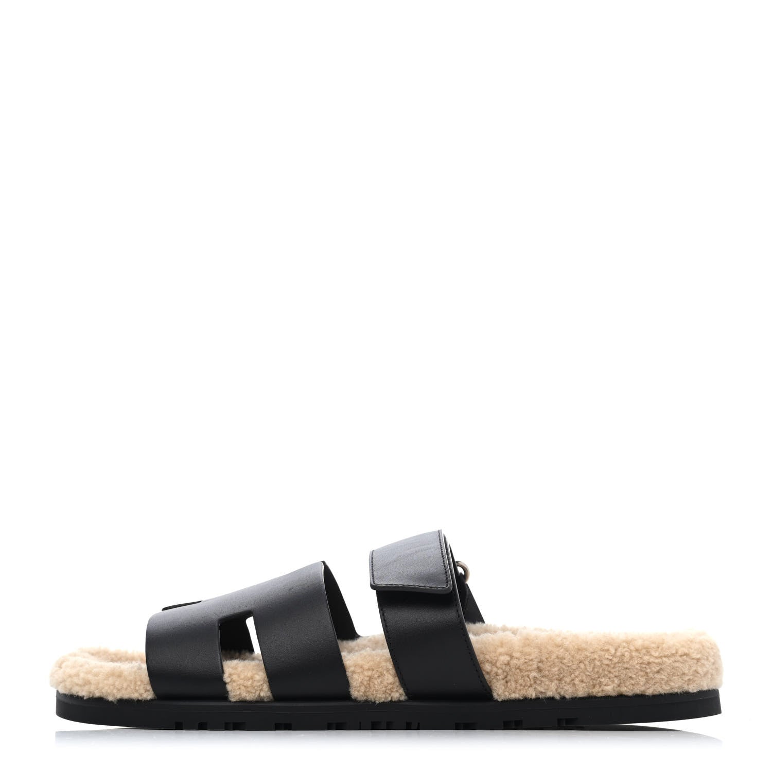 Hermes Calfskin Woolskin Mens Chypre Sandals 43 Black Ecru 1 of 4