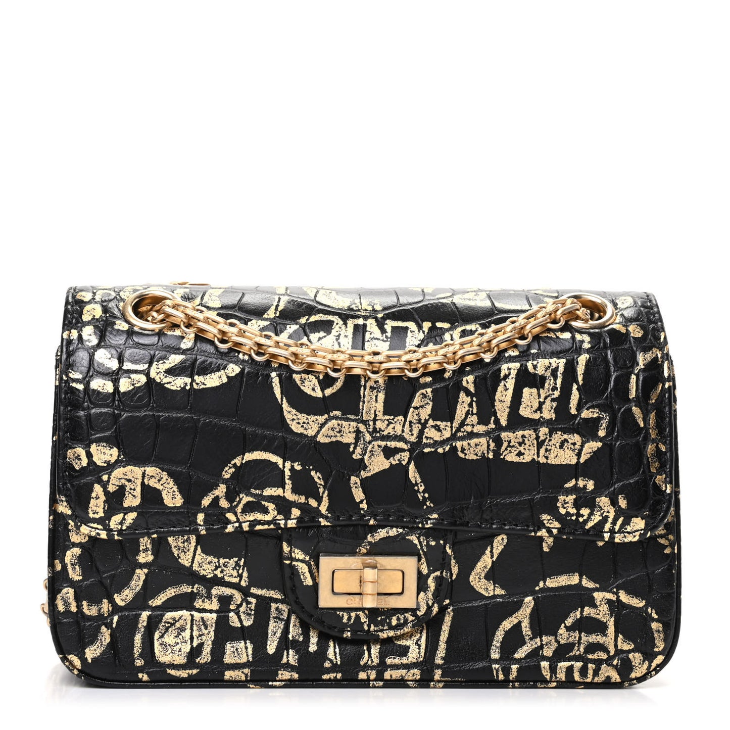 Calfskin Crocodile Embossed Graffiti 2.55 Mini Cocodile Reissue Flap Black Gold