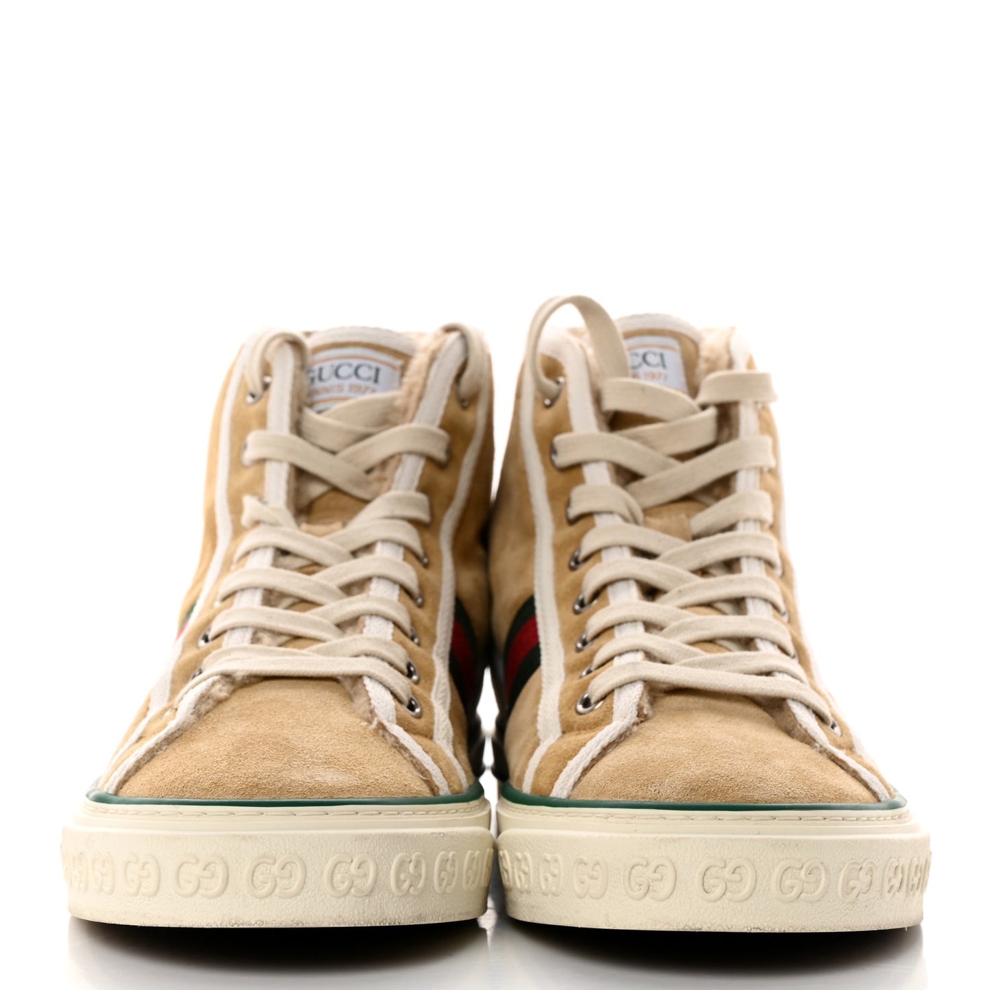 Suede Shearling Web GG Monogram Embossed Womens 1977 Tennis High Top Sneakers 39 Butterscotch Mystic White