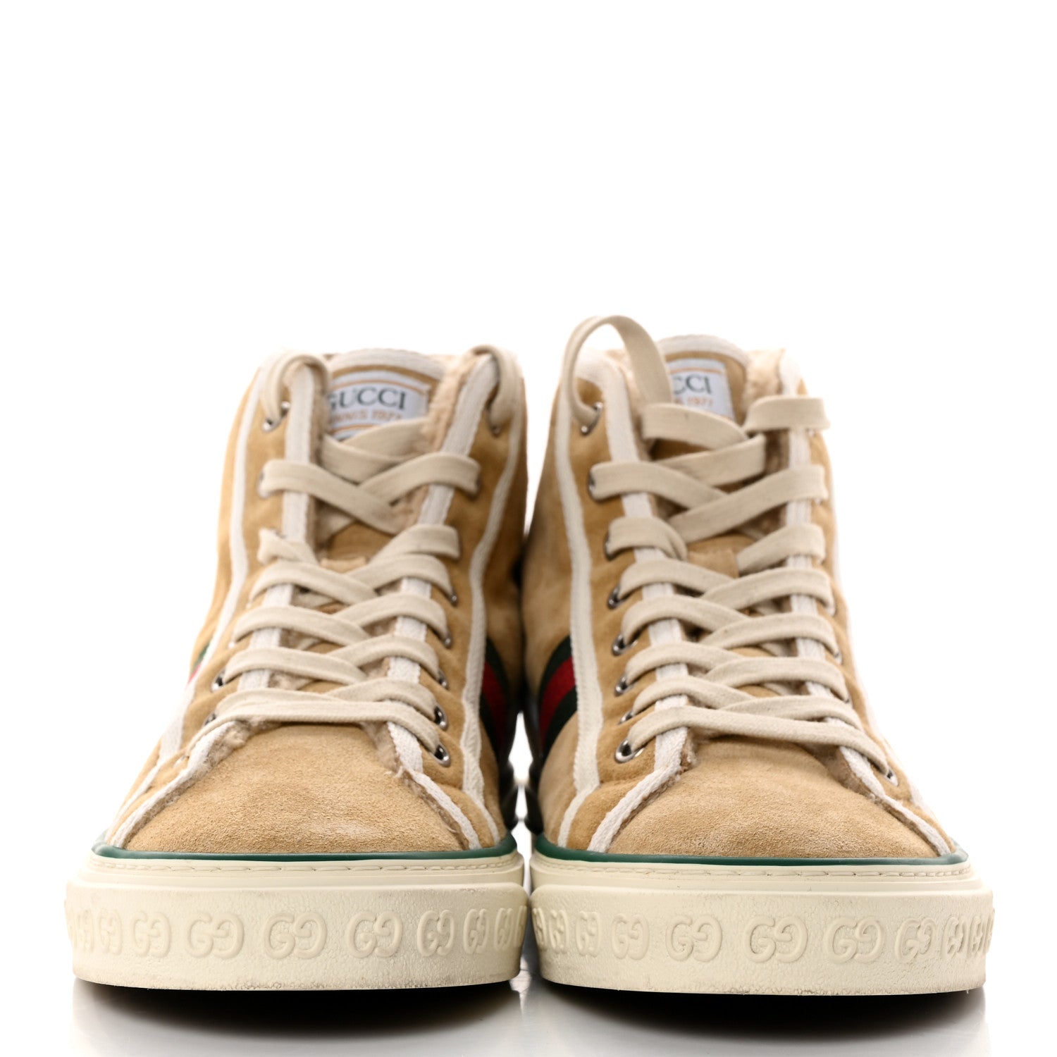 Gucci Suede Shearling Web GG Monogram Embossed Womens 1977 Tennis High Top Sneakers 39 Butterscotch Mystic White 2 of 8