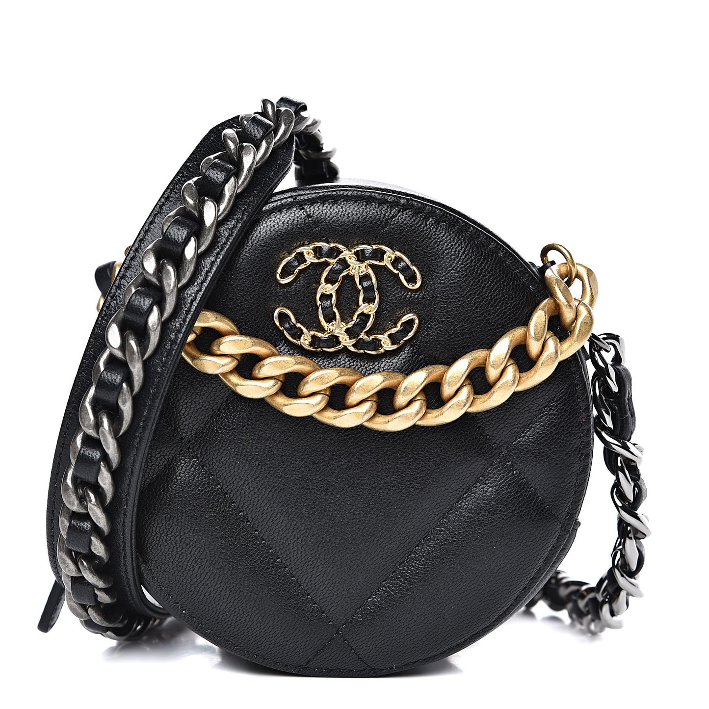 Shiny Goatskin Quilted 19 Round Clutch With Chain Black