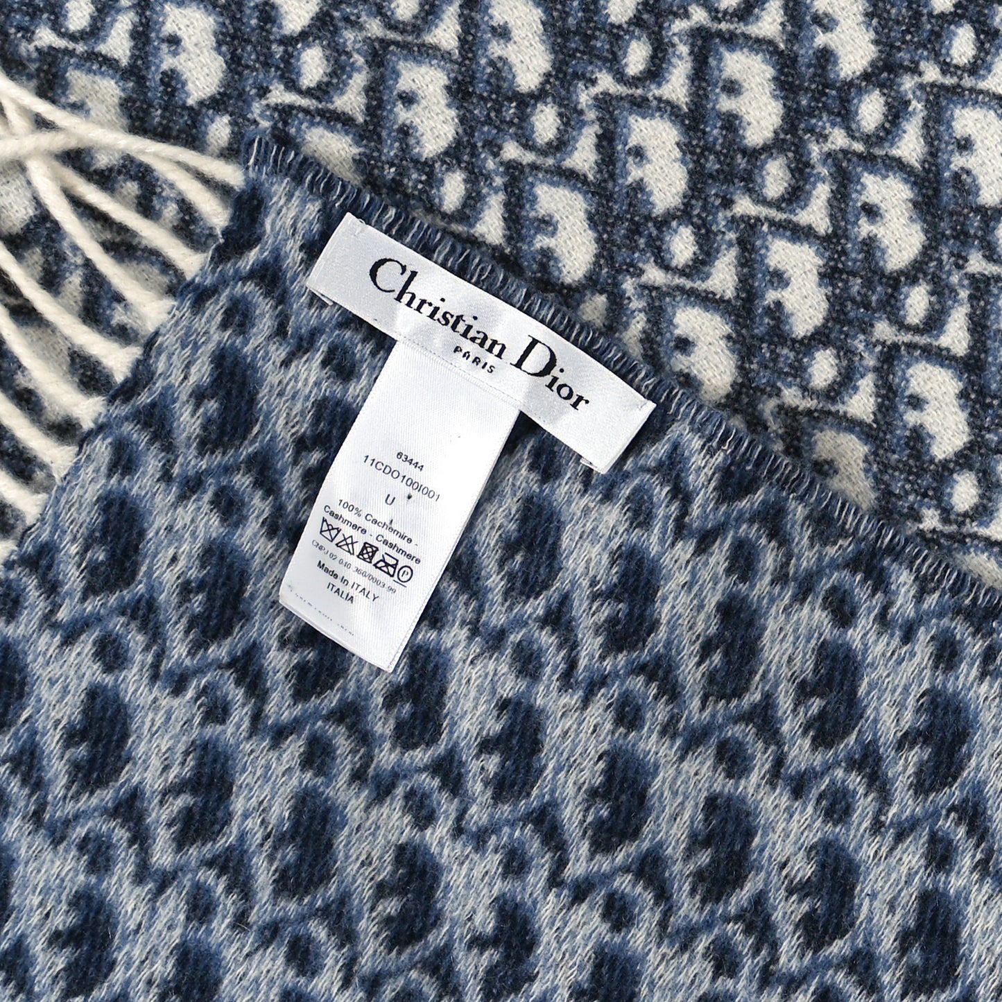 Cashmere Oblique Fringed Scarf Bleu Marine