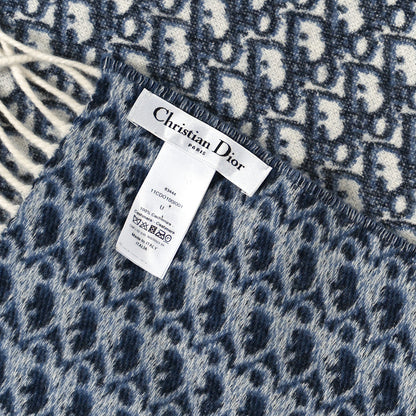 Christian Dior Cashmere Oblique Fringed Scarf Bleu Marine 3 of 3