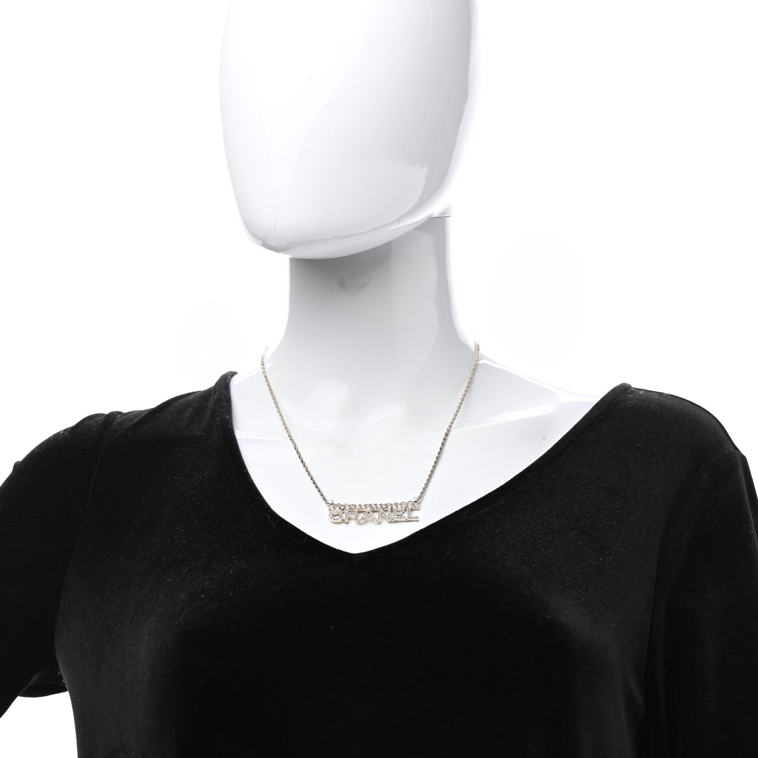 Chanel Metal Crystal Logo Necklace Gold 2 of 6