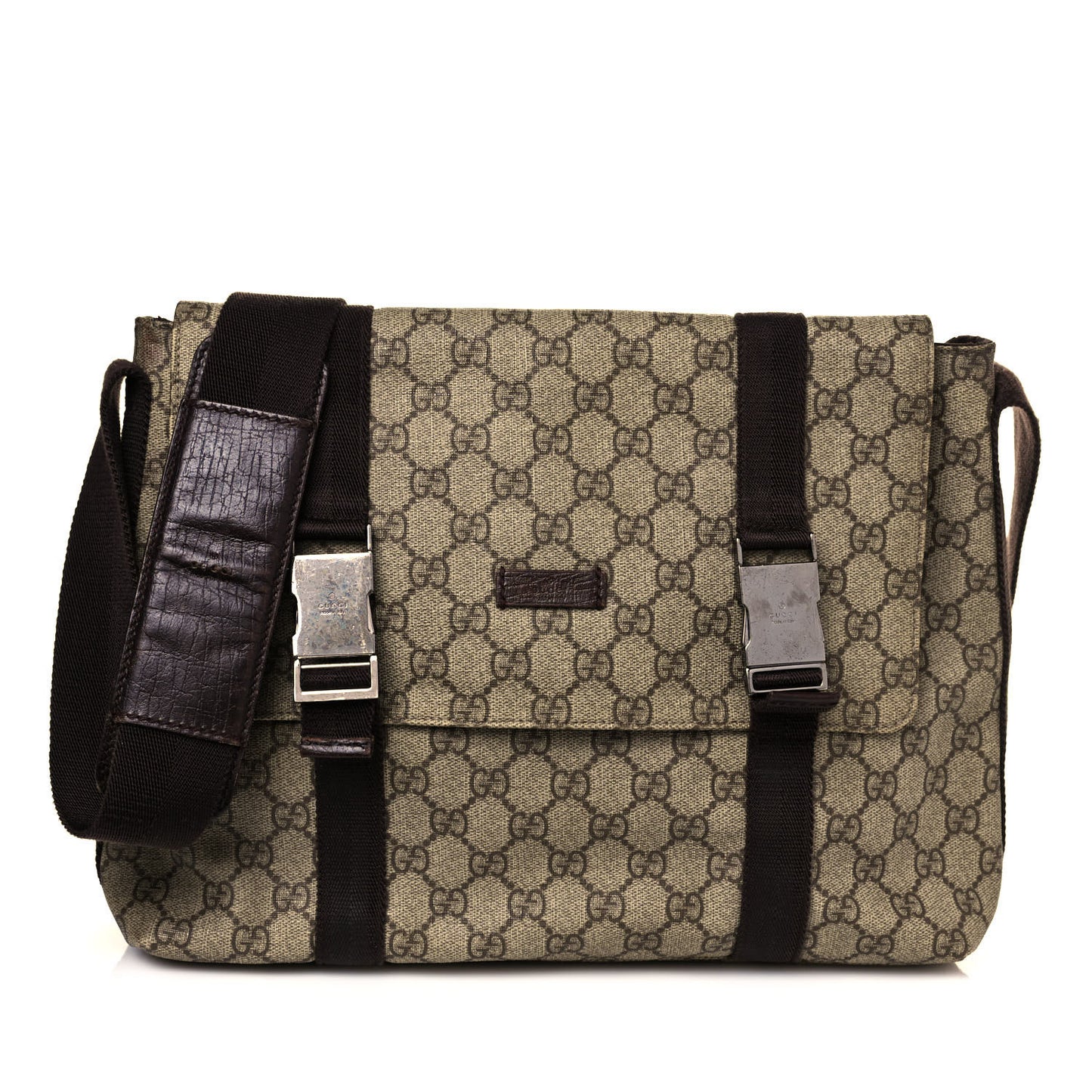 GG Plus Monogram Large Double Buckle Flap Messenger Bag Beige Dark Brown