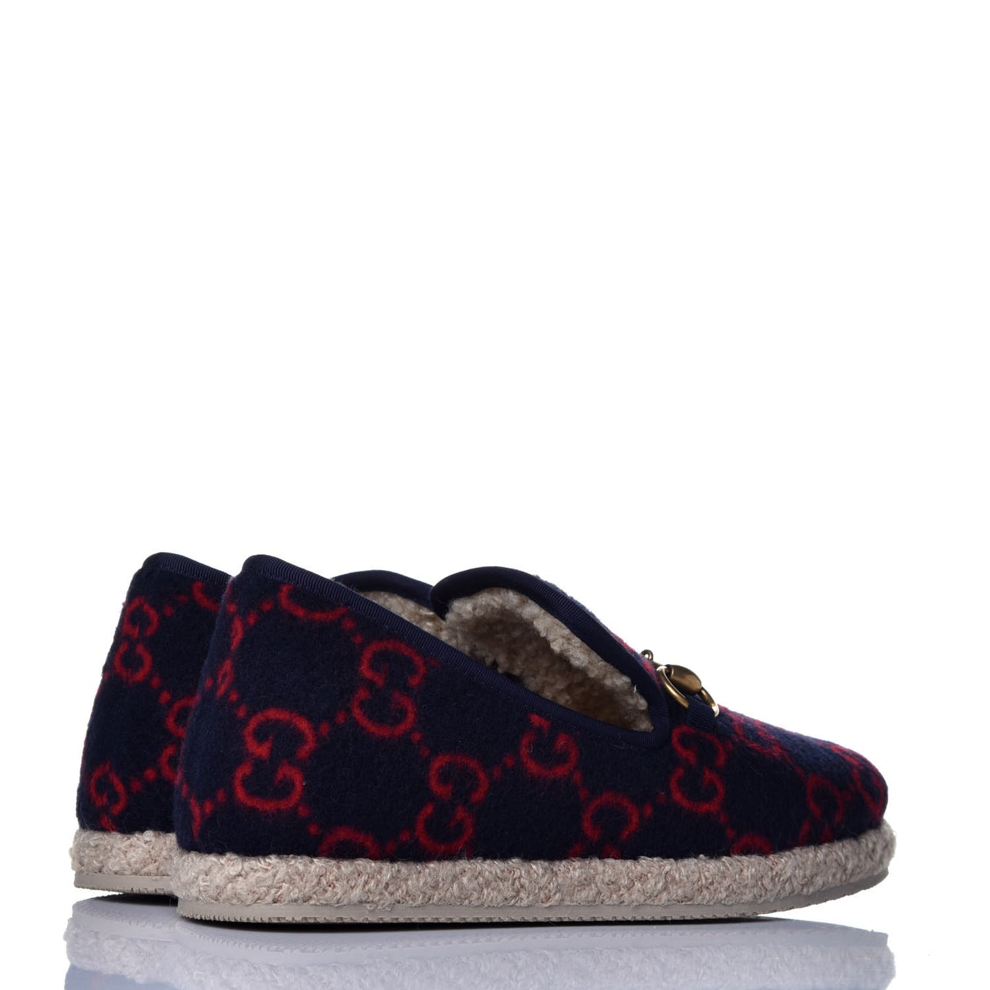 Covered Wool GG Monogram Womens Fria Horsebit Loafers 36 Blue Red Butterscotch