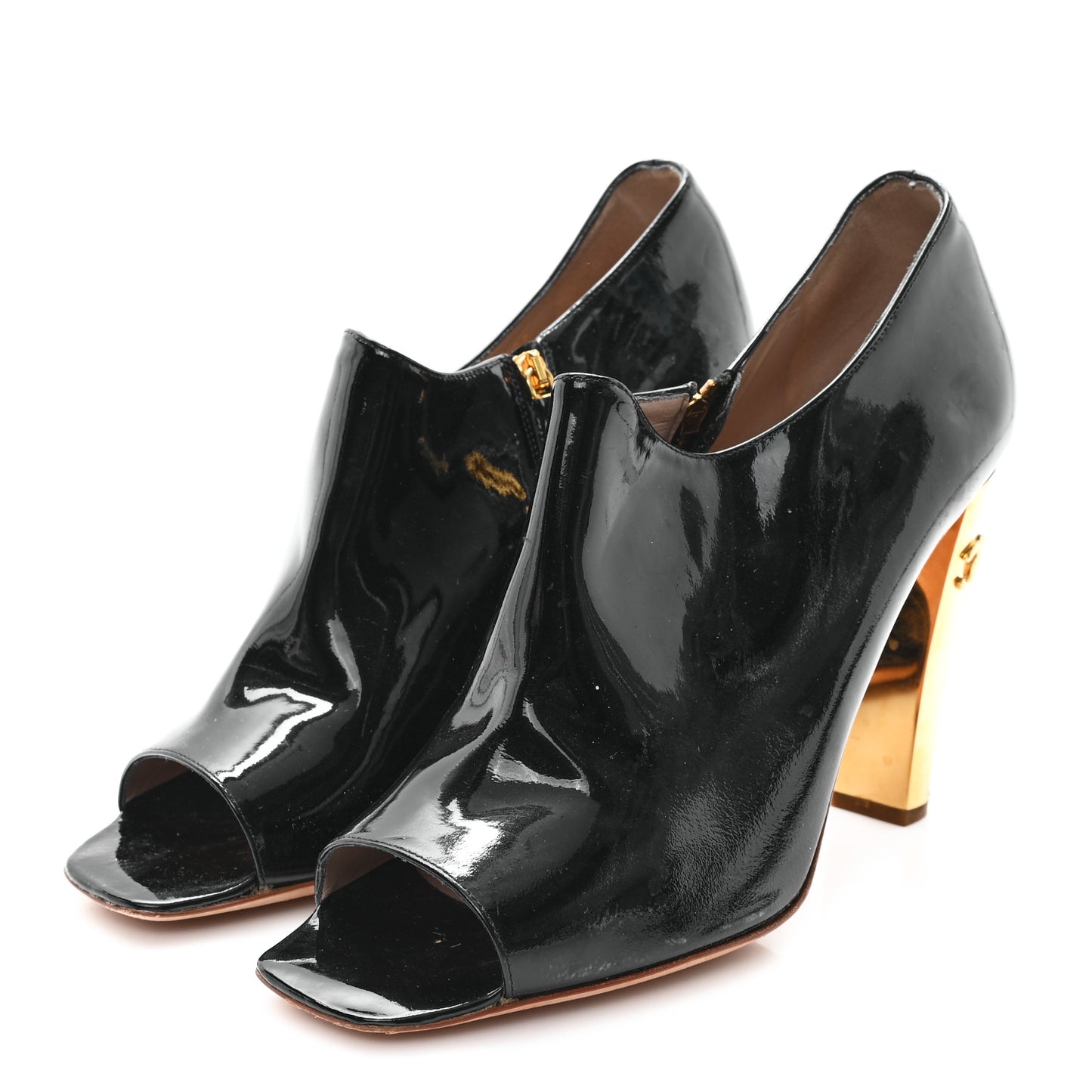 Patent Calfskin Peep Toe Short Ankle Boots 41 Black Gold