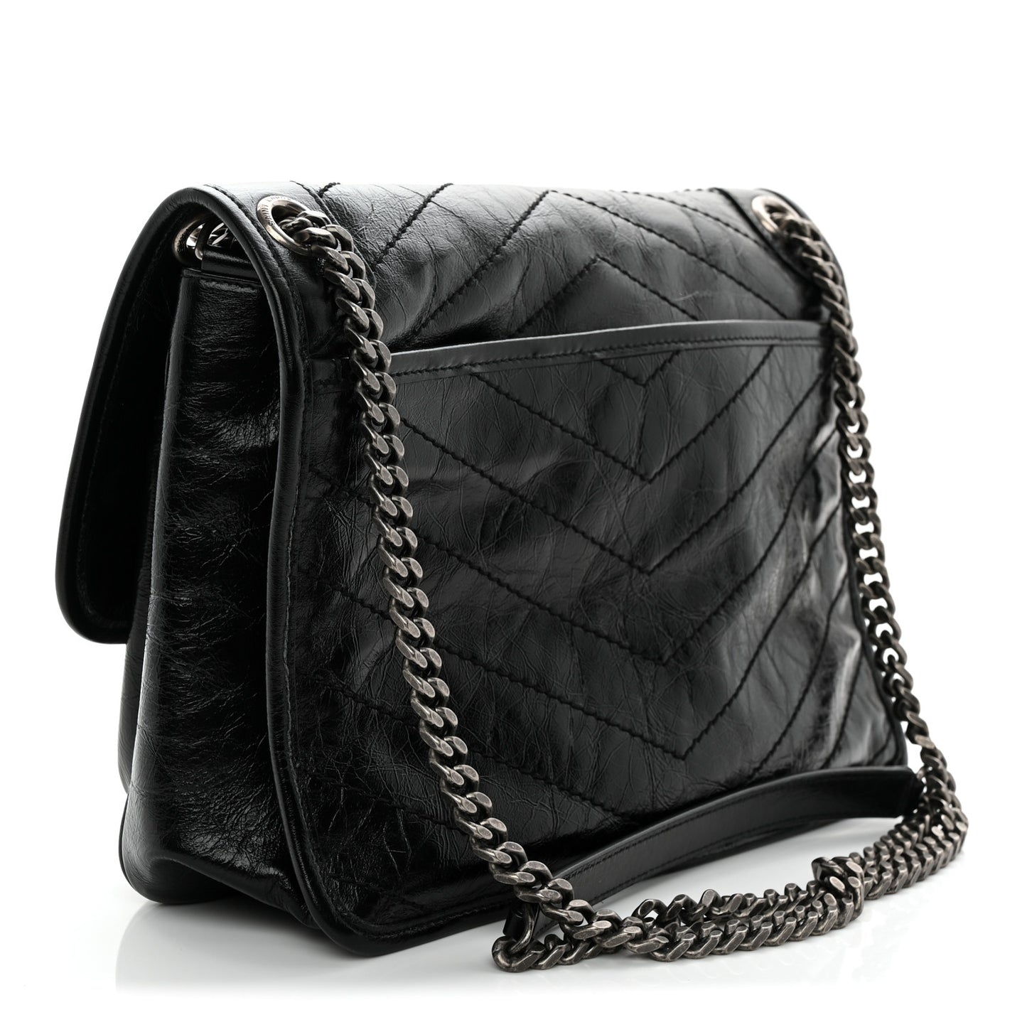 Crinkled Calfskin Matelasse Monogram Medium Niki Chain Satchel Black