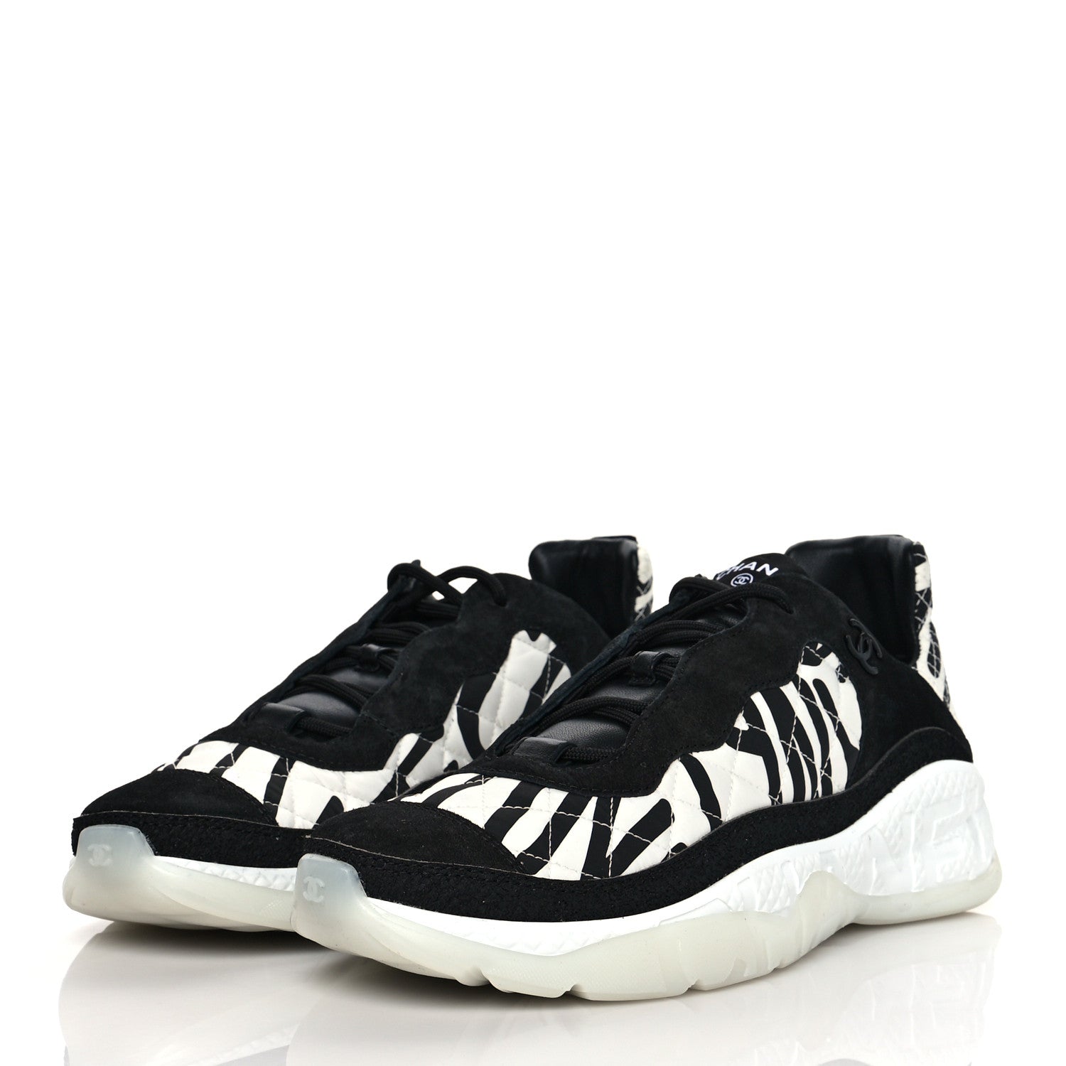 Chanel Nylon Suede Calfskin Printed Sneakers 41 White Black 3 of 8