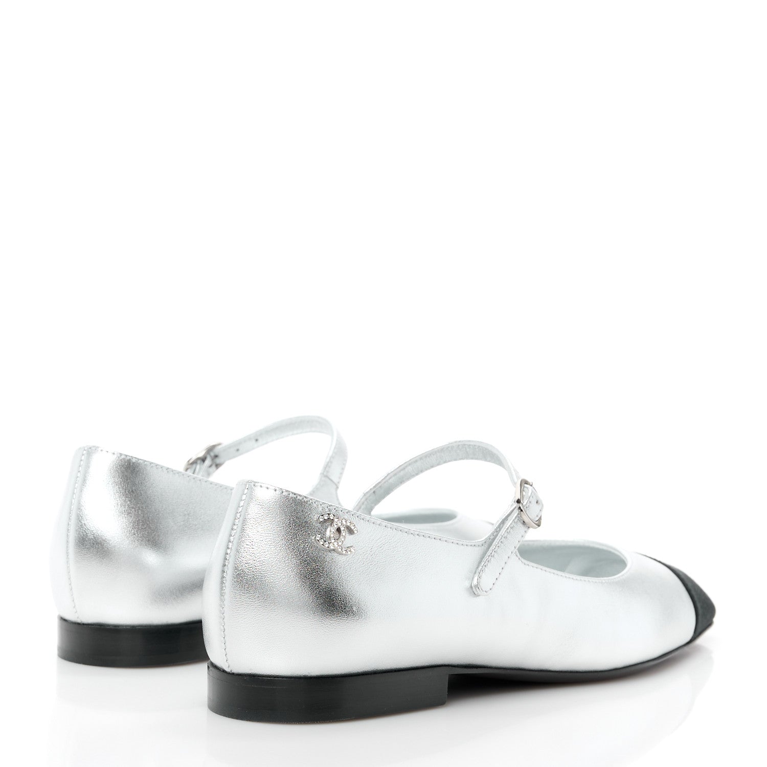 Chanel Calfskin Patent Mary Janes Flats 36 Silver Black 4 of 10
