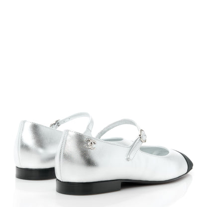 Chanel Calfskin Patent Mary Janes Flats 36 Silver Black 4 of 10