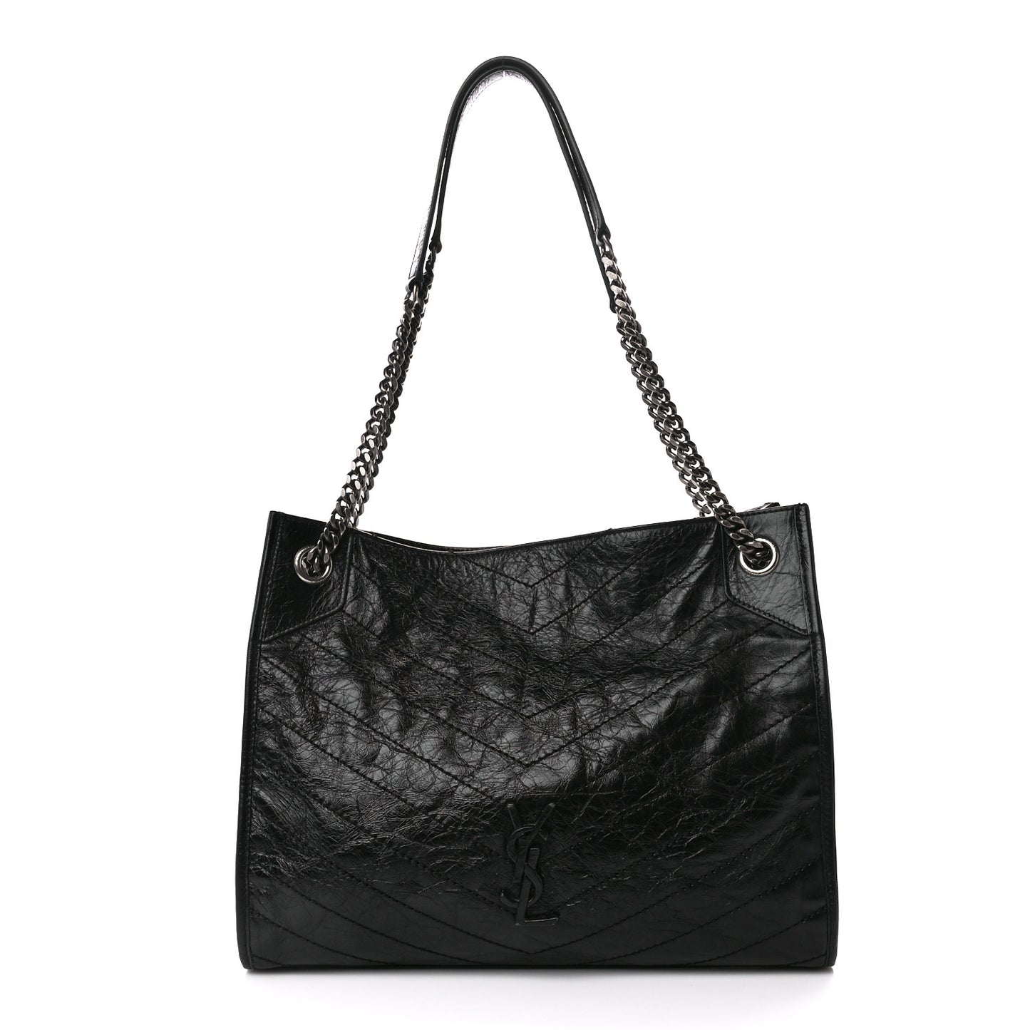 Crinkled Calfskin Matelasse Monogram Medium Niki Shopper Tote Black