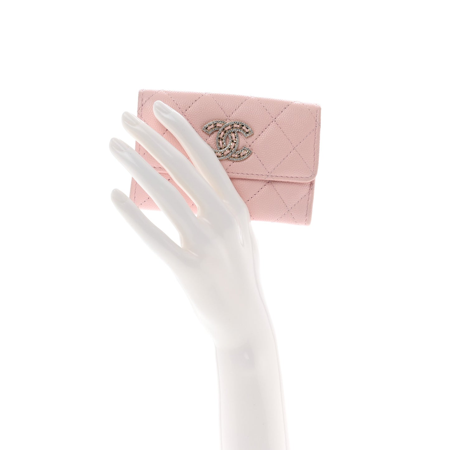 Caviar Quilted Crystal CC Flap Card Holder Pink