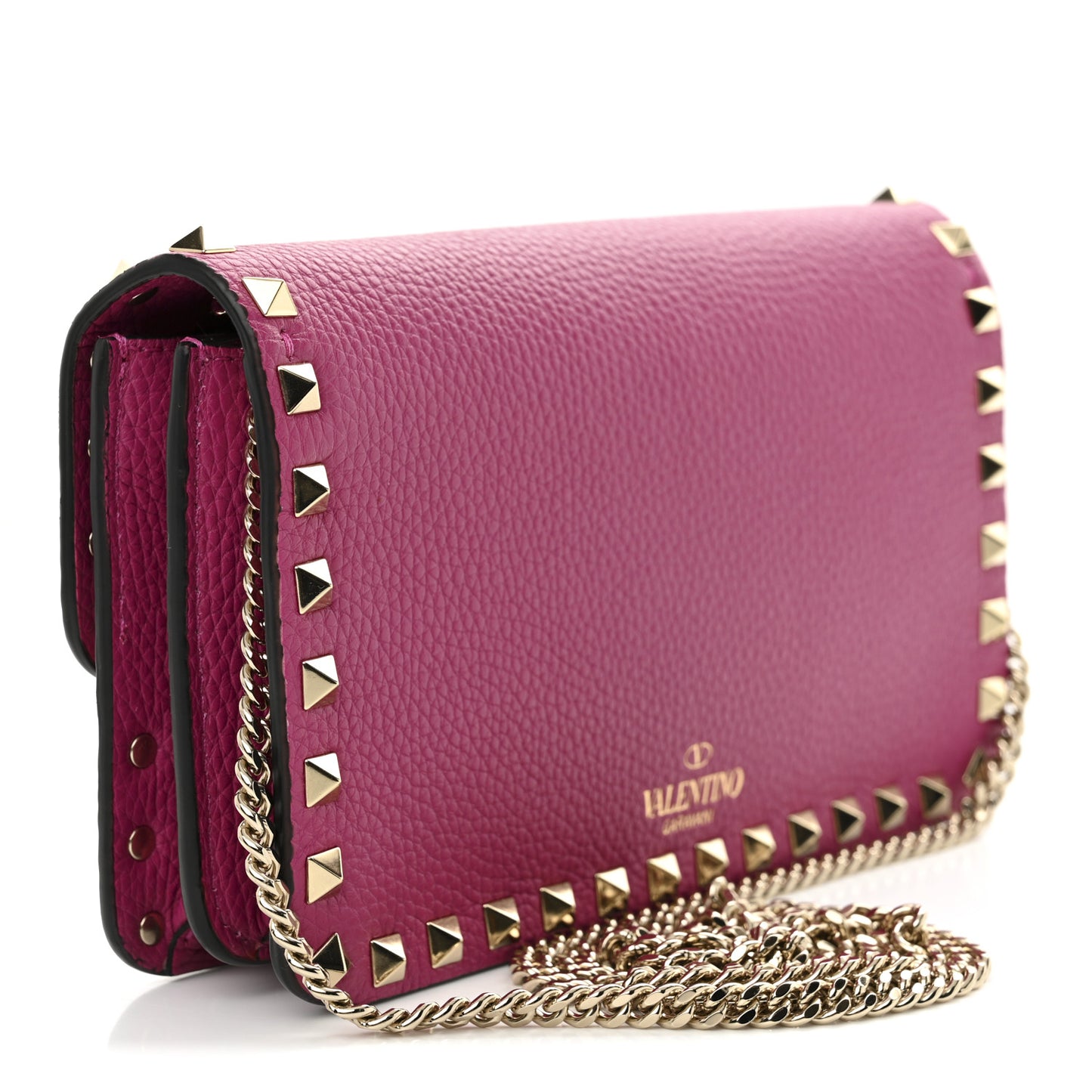 Pebbled Calfskin Rockstud Flap Wallet On Chain Rose Violet