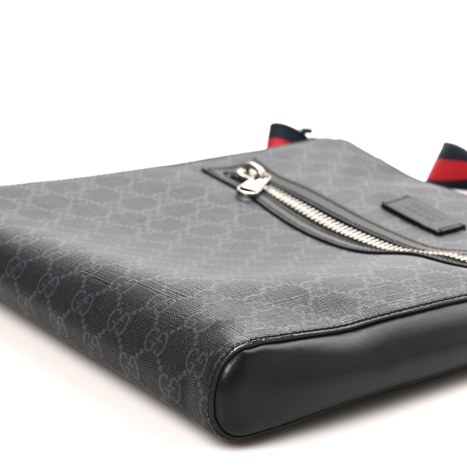 Gucci GG Supreme Monogram Appia Calfskin Web Flat Messenger Bag Black Grey 10 of 12