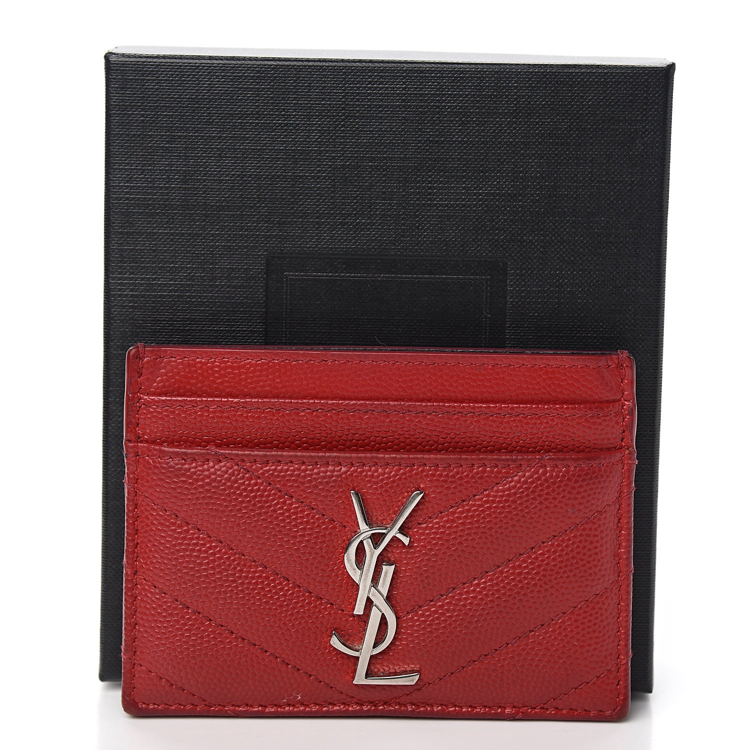 Saint Laurent Grain De Poudre Matelasse Chevron Monogram Credit Card Case New Red 8 of 8