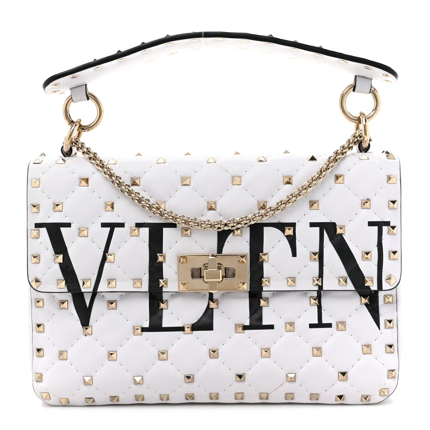 Lambskin VLTN Print Medium Rockstud Spike Shoulder Bag Optic White Black
