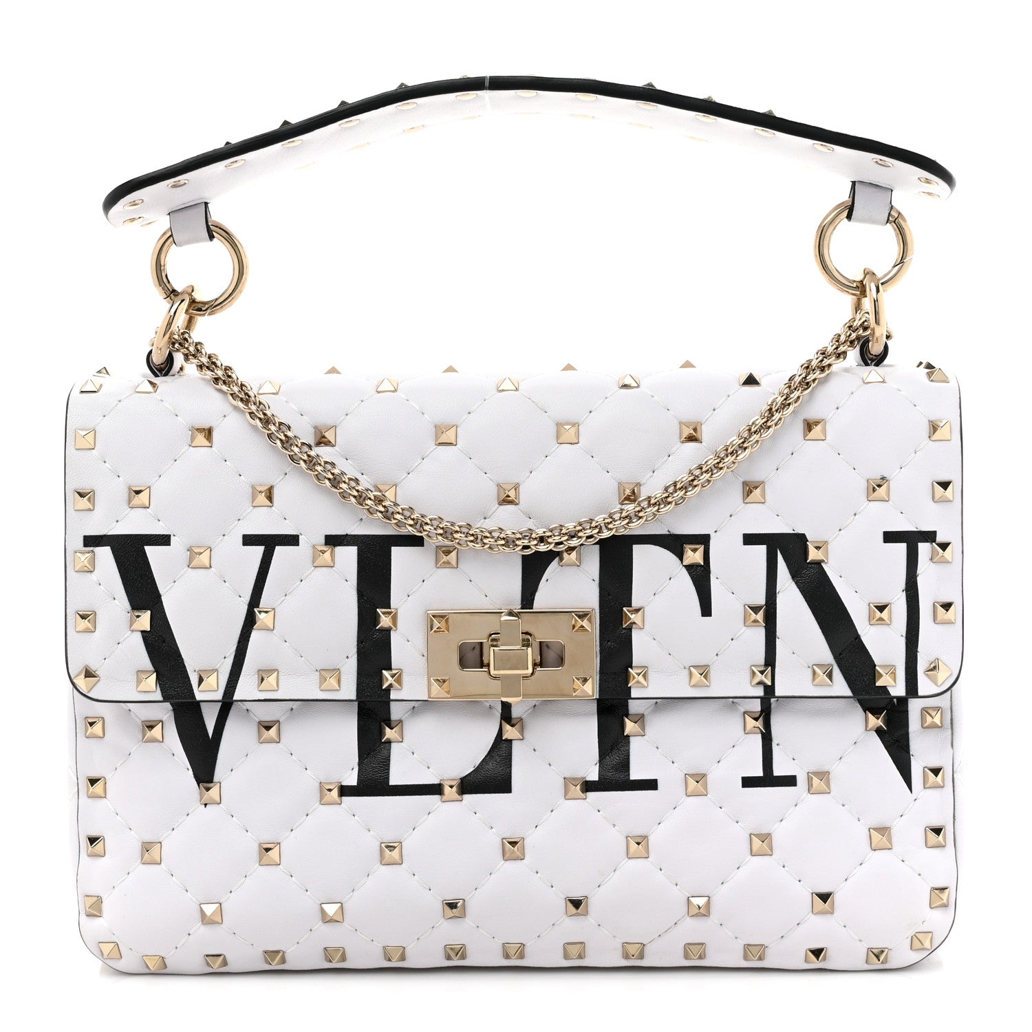 Valentino Garavani Lambskin VLTN Print Medium Rockstud Spike Shoulder Bag Optic White Black 1 of 9