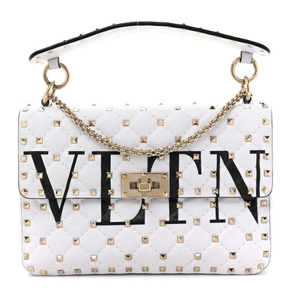 Valentino Garavani Lambskin VLTN Print Medium Rockstud Spike Shoulder Bag Optic White Black 1 of 9